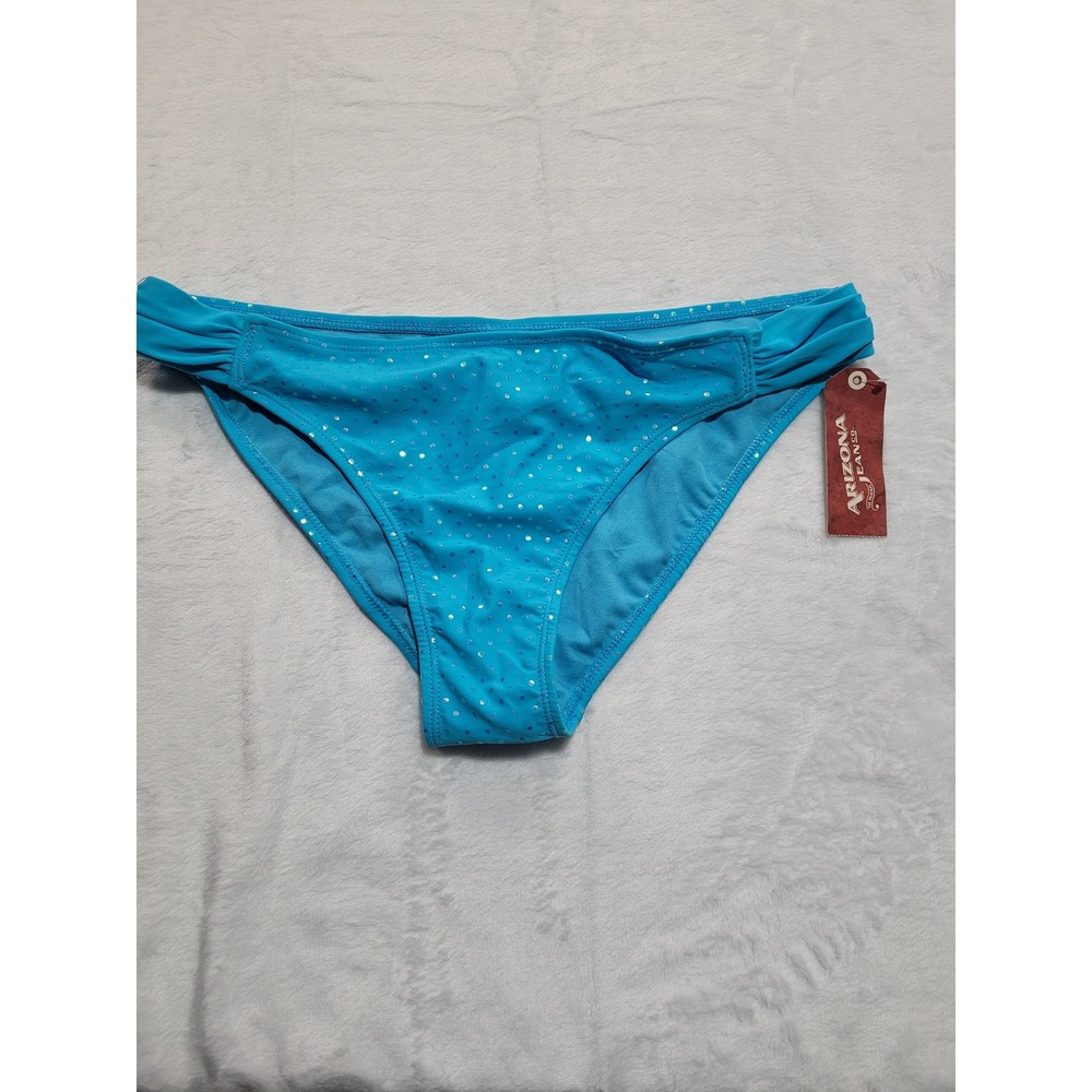 NWT Arizona Jean Co Bikini Bottom Womens Large Turquoise Blue Ruched Polka Dot